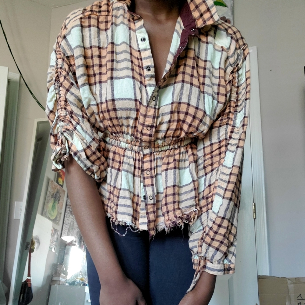 Freepeople ruched plaid top